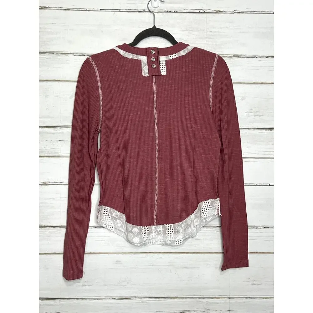 POL Long Sleeve Top Small Mauve Pink Ribbed Lace Trim Contrast Boho Cottagecore